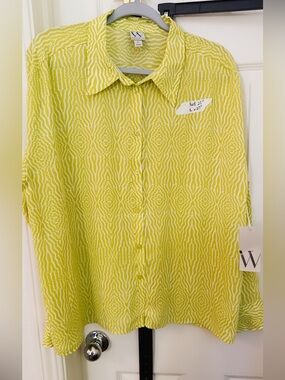 Worthington Yellow-White Abstract Print Button Front Blouse